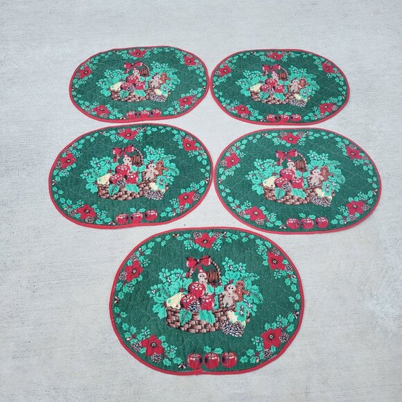 Vintage Ginger Bread Men Candy Canes Placemats Oval Green Quilted Set of 5 - Picture 6 of 11